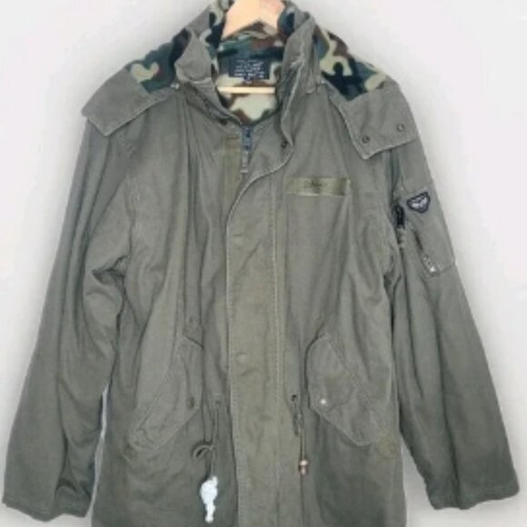 Schott NYC Army Green Camo Fleece Hooded Field Jacket Coat Size M - Picture 1 of 6